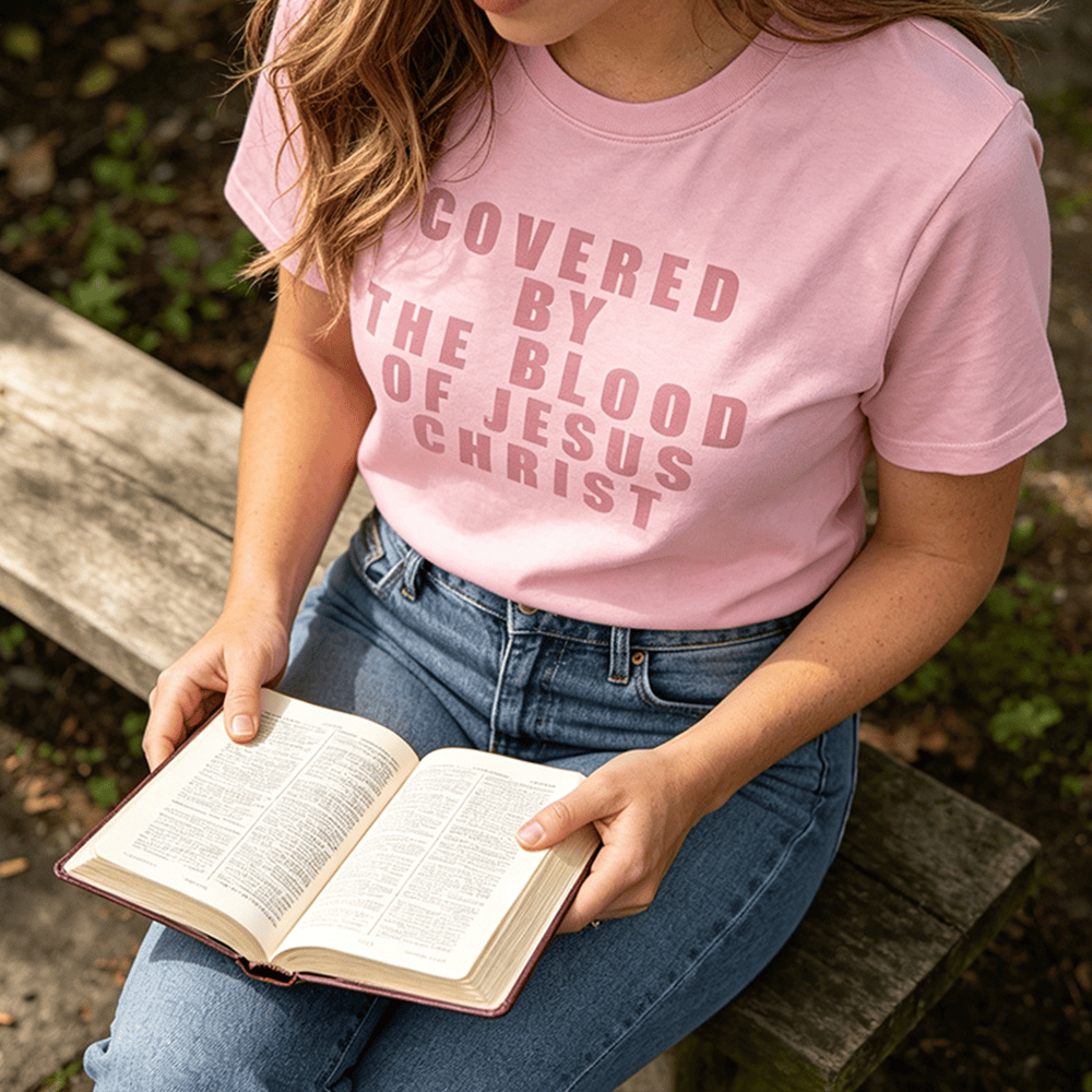 Christianartworkshop "Covered By The Blood Of Jesus Christ" Statement Premium Short Sleeve T-Shirt - image 4