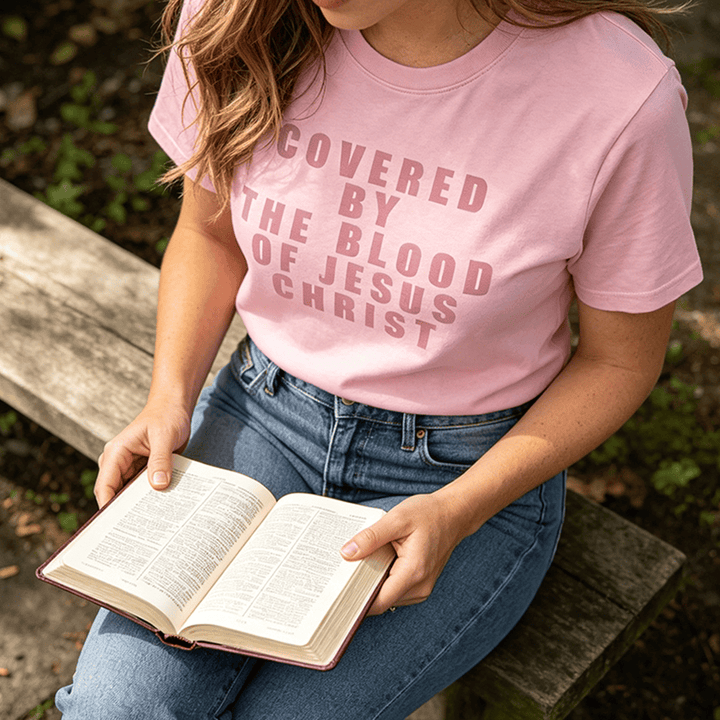 Christianartworkshop "Covered By The Blood Of Jesus Christ" Statement Premium Short Sleeve T-Shirt - image 4
