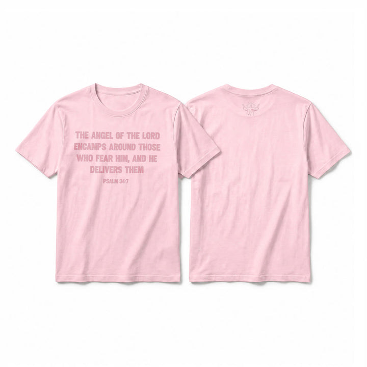 Christianartworkshop Psalm 34:7 "The Angel of the Lord" Front & Back Print Premium Short Sleeve T-Shirt - Pink - 2XL - image 7