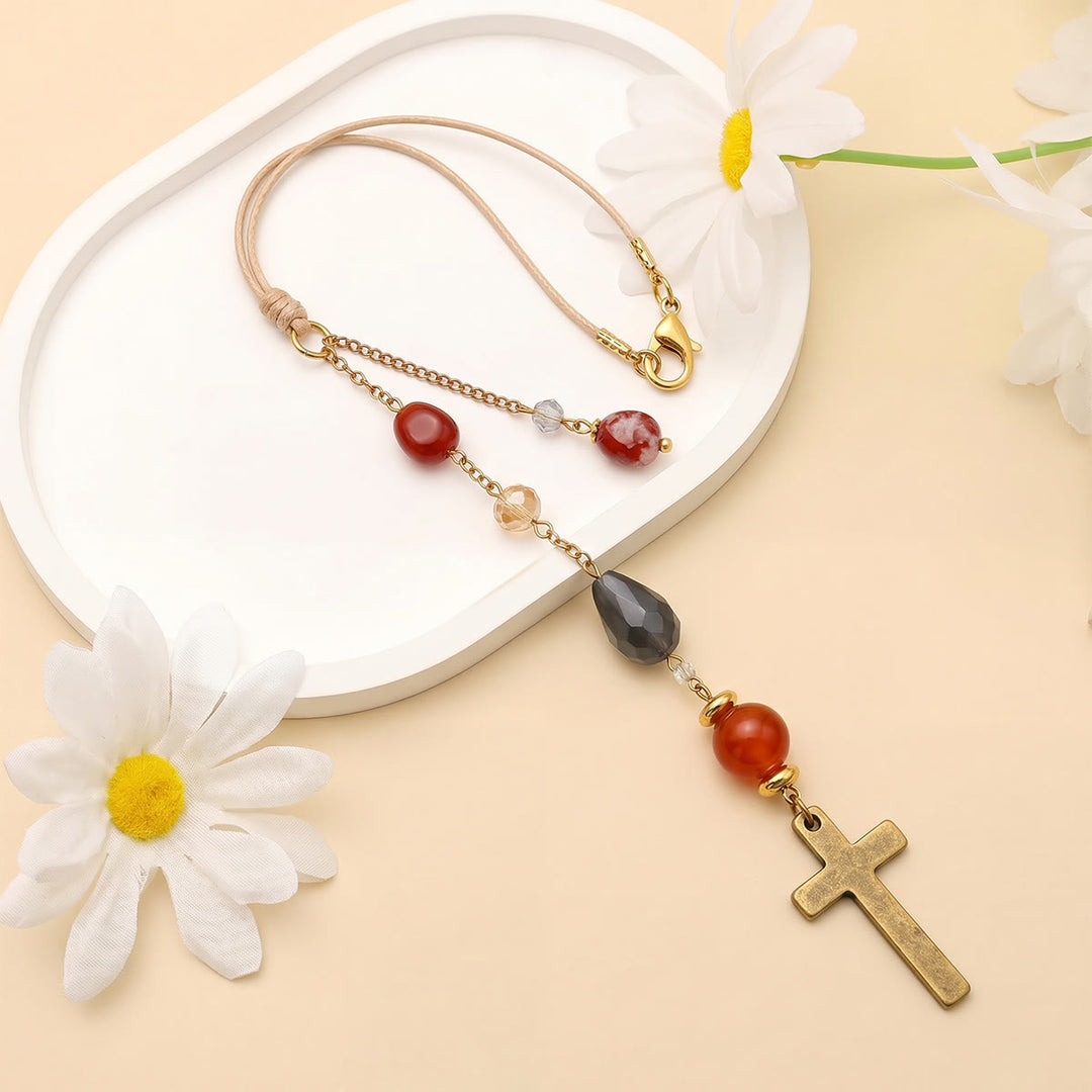 Christianartworkshop Minimalist Cross Car Hanging Ornament with Natural Stone & Crystal Beads: A Reminder of Heavenly Peace on the Road - image 12