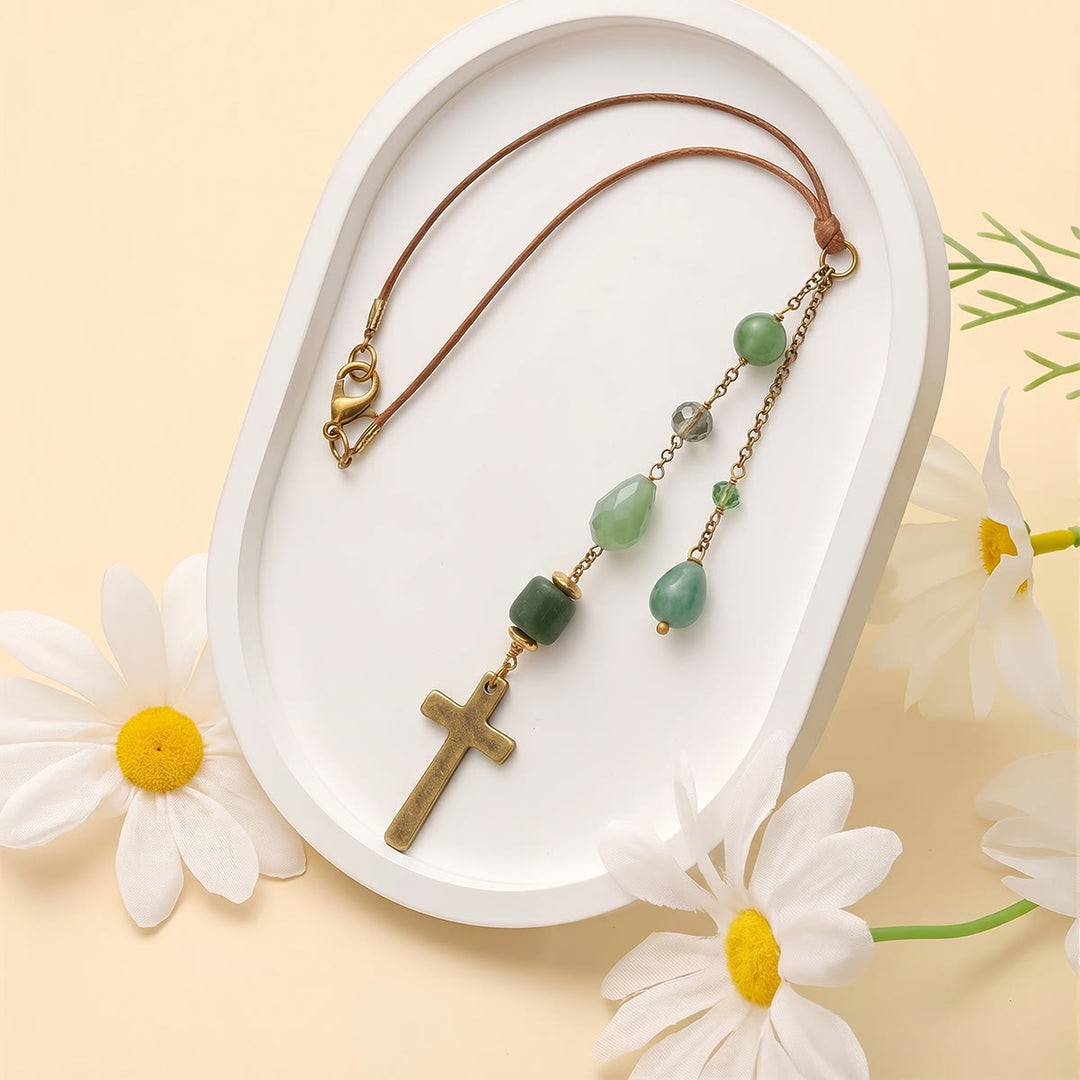Christianartworkshop Minimalist Cross Car Hanging Ornament with Natural Stone & Crystal Beads: A Reminder of Heavenly Peace on the Road - Green Quartz - image 9