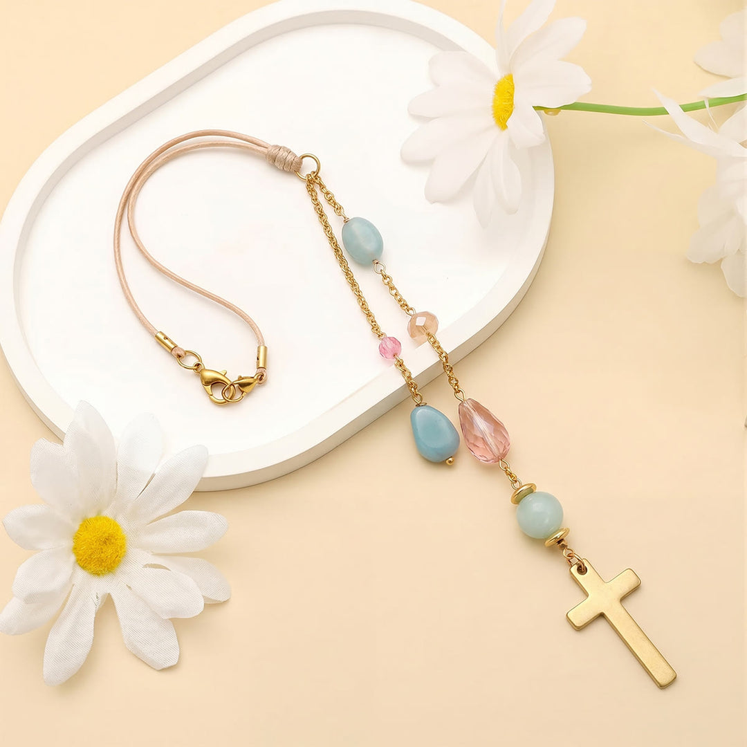 Christianartworkshop Minimalist Cross Car Hanging Ornament with Natural Stone & Crystal Beads: A Reminder of Heavenly Peace on the Road - image 6