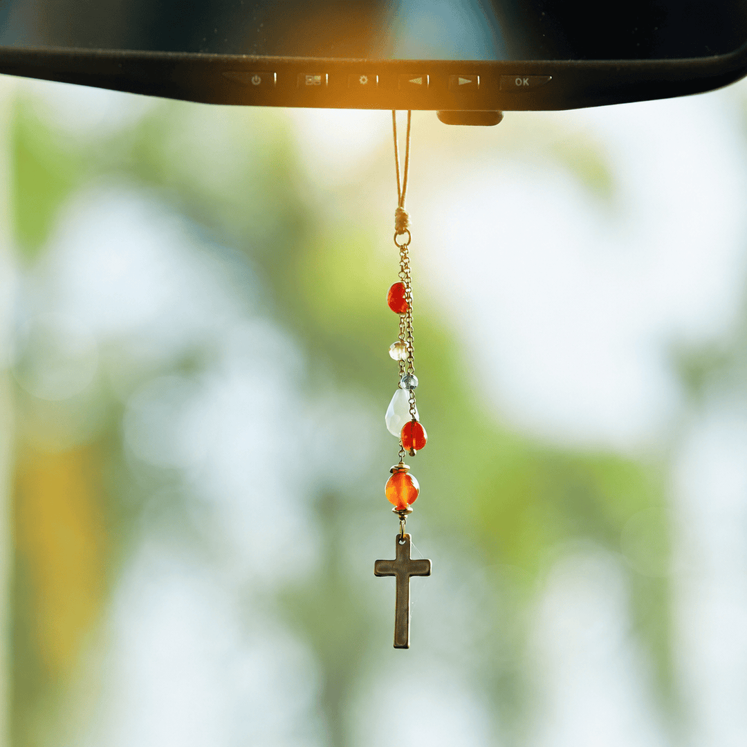 Christianartworkshop Minimalist Cross Car Hanging Ornament with Natural Stone & Crystal Beads: A Reminder of Heavenly Peace on the Road - Rubasse - image 11