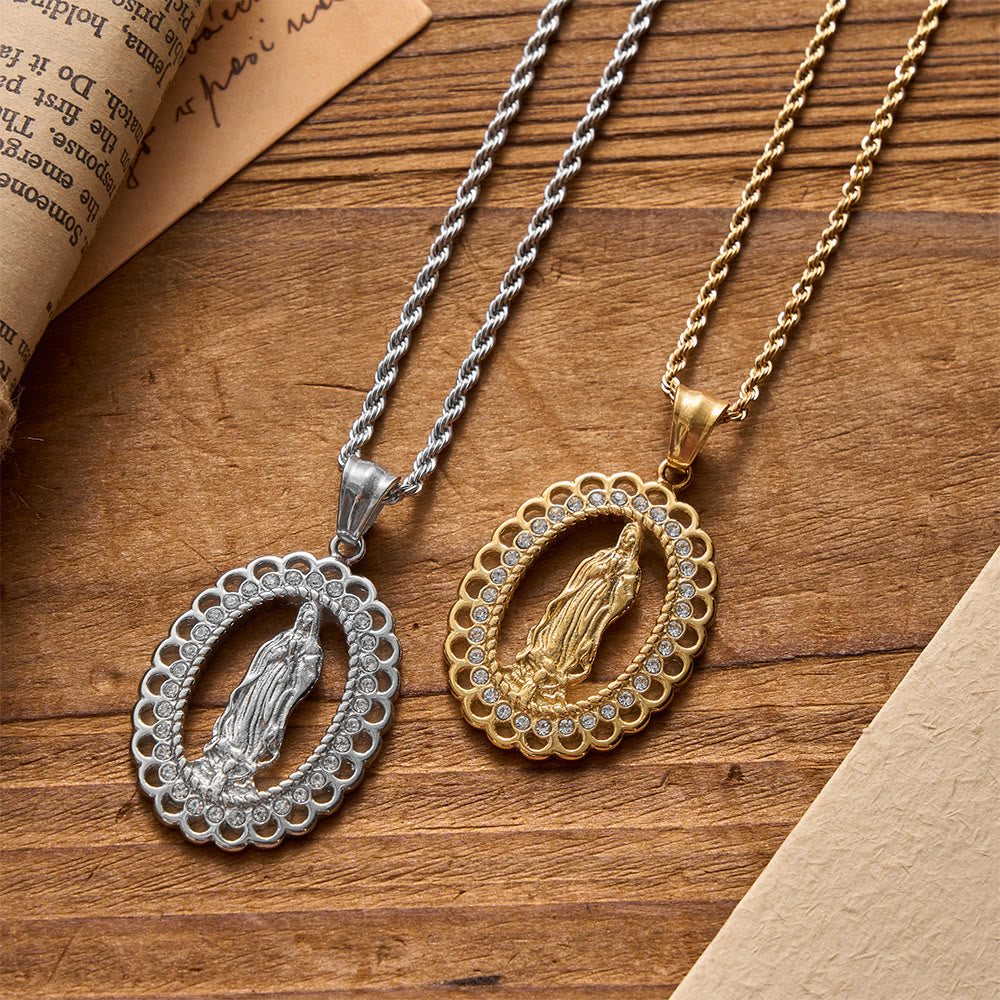 Christianartworkshop Openwork Oval Our Lady Necklace with Zircon Halo & Braided Chain: A Reminder of Divine Mercy and Heavenly Protection - image 3