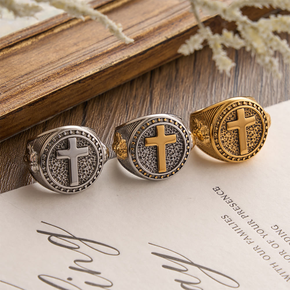 Christianartworkshop Vintage Two-Tone Cross Signet Ring with Jesus Profile Detail: A Symbol of Timeless Faith & Sacred Protection - image 1