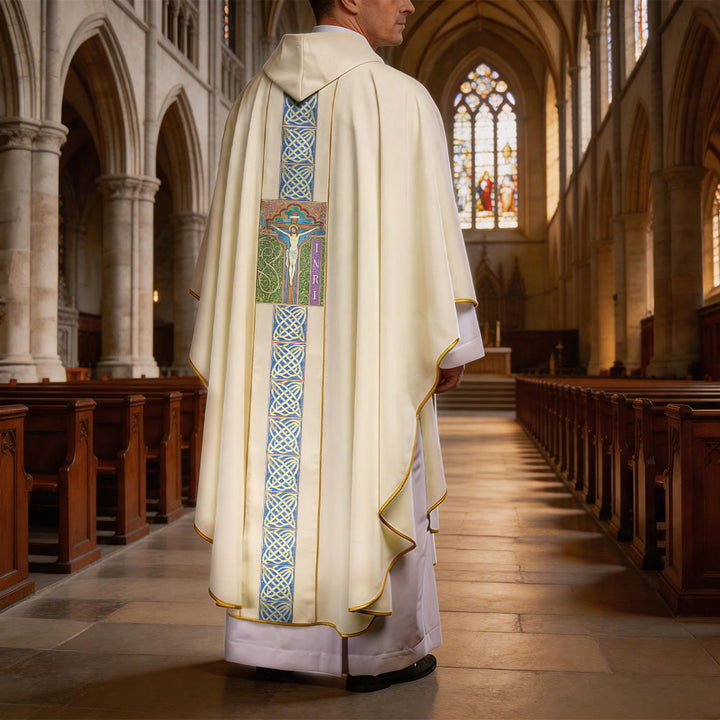 Christianartworkshop Elegant Printed Chasuble With Central Crucifix, INRI Inscription And Ornate Celtic Knot Print Chasuble - image 2