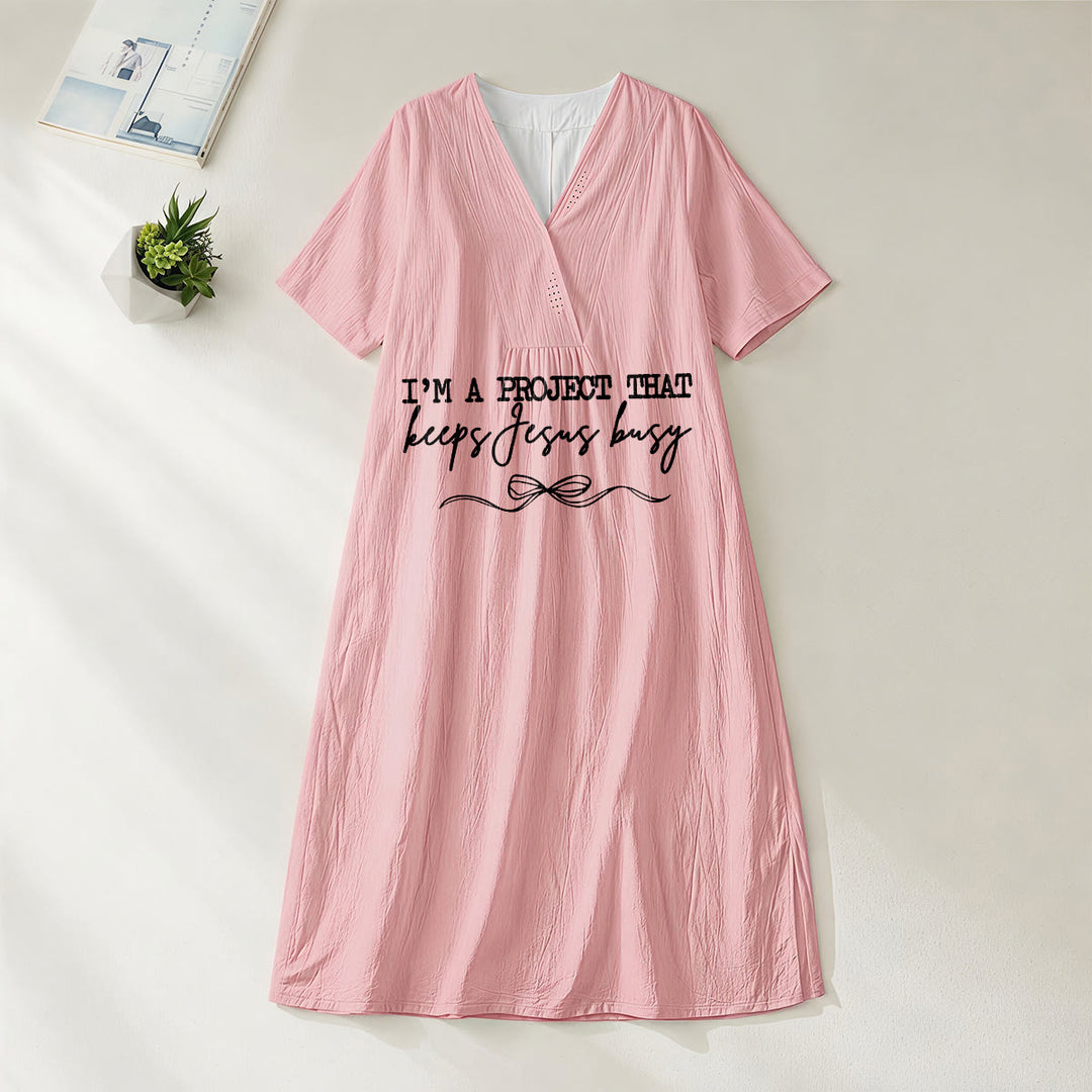 Christianartworkshop "I'm A Project That Keeps Jesus Busy" Bow Detail V-Neck Short Sleeve Midi Dress - Pink - 4XL - image 4