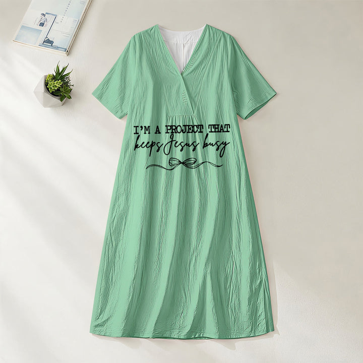 Christianartworkshop "I'm A Project That Keeps Jesus Busy" Bow Detail V-Neck Short Sleeve Midi Dress - Green - 4XL - image 8