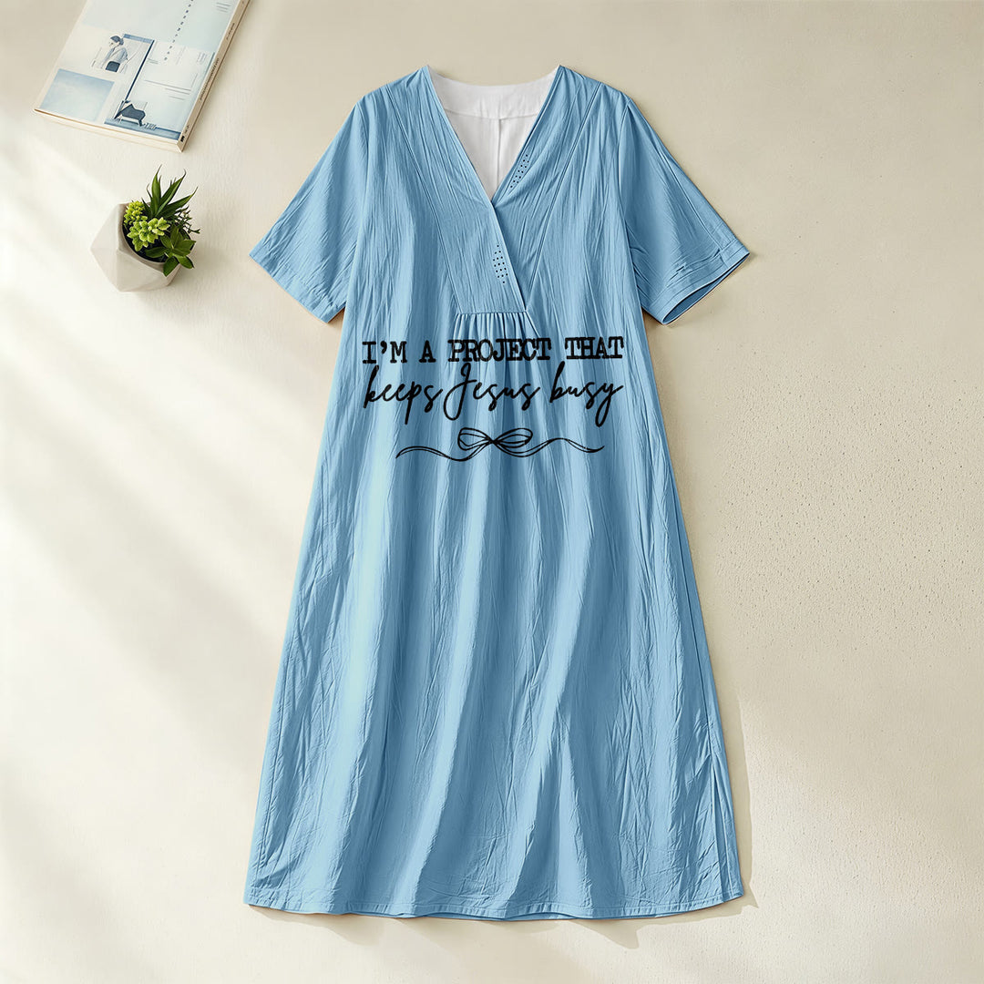 Christianartworkshop "I'm A Project That Keeps Jesus Busy" Bow Detail V-Neck Short Sleeve Midi Dress - Blue - 4XL - image 0