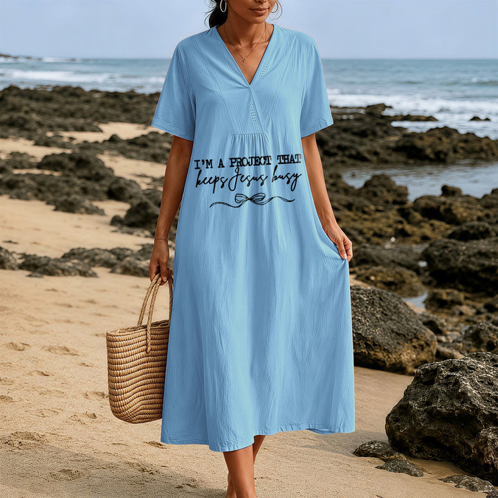 Christianartworkshop "I'm A Project That Keeps Jesus Busy" Bow Detail V-Neck Short Sleeve Midi Dress - image 1