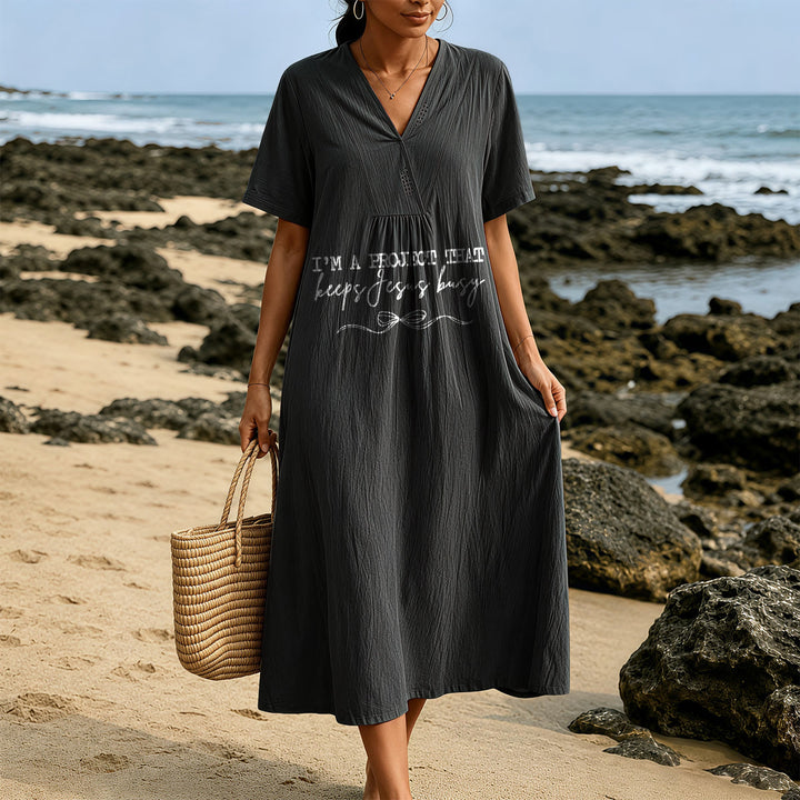 Christianartworkshop "I'm A Project That Keeps Jesus Busy" Bow Detail V-Neck Short Sleeve Midi Dress - image 13