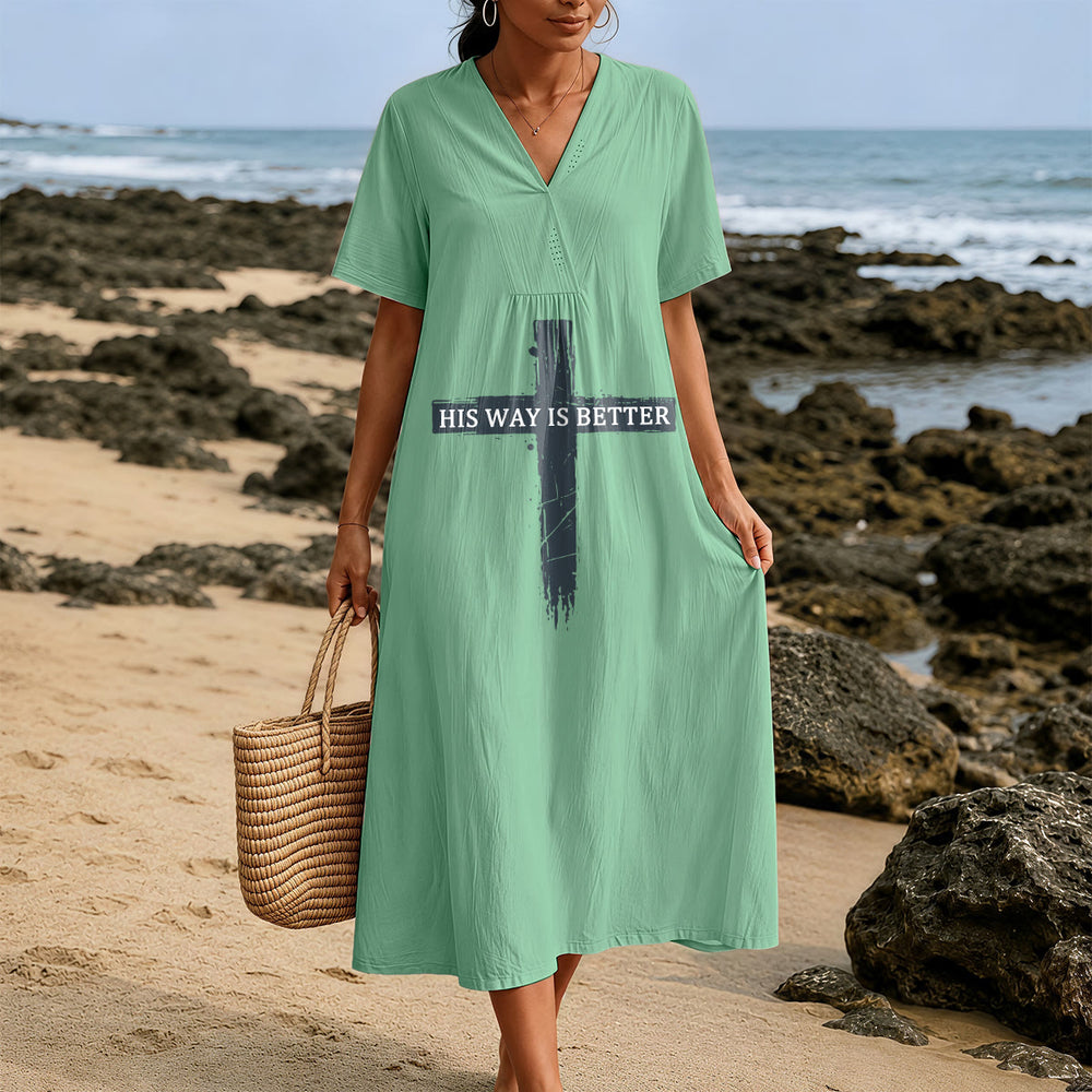 Christianartworkshop "His Way Is Better" Vintage Cross Print V-Neck Short Sleeve Midi Dress - image 1
