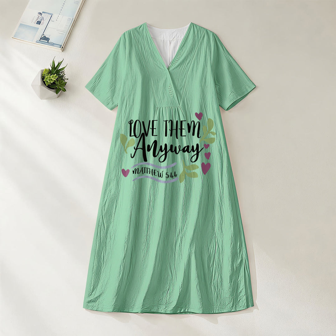 Christianartworkshop "Love Them Anyway" Matthew 5:44 Heart Leaf Print V-Neck Short Sleeve Midi Dress - Green - 4XL - image 12