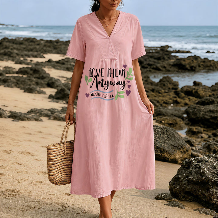 Christianartworkshop "Love Them Anyway" Matthew 5:44 Heart Leaf Print V-Neck Short Sleeve Midi Dress - image 9