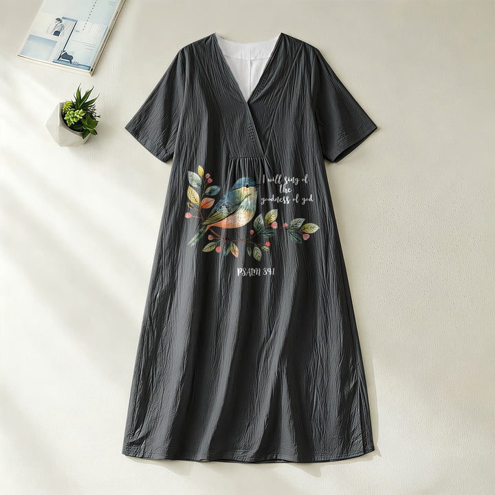 Christianartworkshop "I Will Sing Of The Goodness Of God" Psalm 89:1 Bird Branch Print V-Neck Short Sleeve Midi Dress - Black - 4XL - image 4