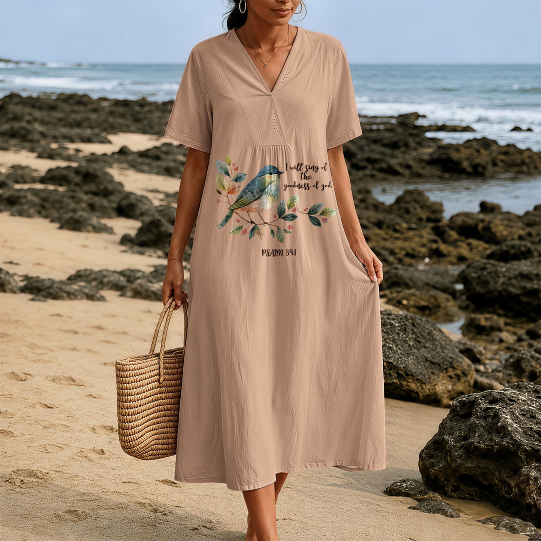 Christianartworkshop "I Will Sing Of The Goodness Of God" Psalm 89:1 Bird Branch Print V-Neck Short Sleeve Midi Dress - image 21