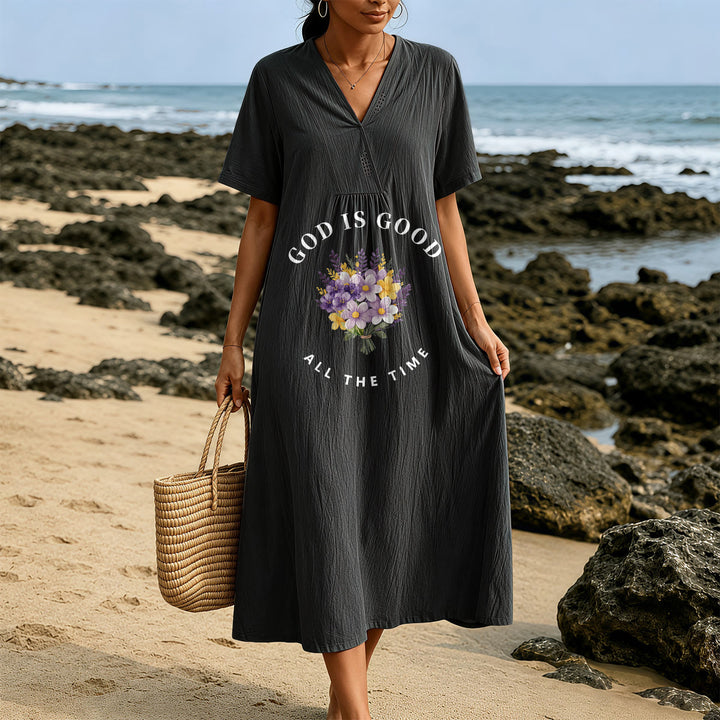 Christianartworkshop "God Is Good All The Time" Floral Bouquet Print V-Neck Short Sleeve Midi Dress - image 9