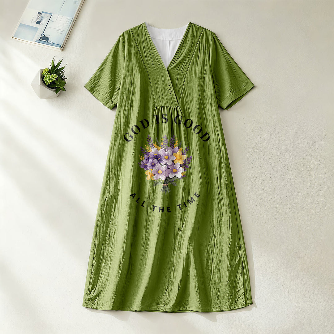 Christianartworkshop "God Is Good All The Time" Floral Bouquet Print V-Neck Short Sleeve Midi Dress - Olive Green - 4XL - image 12