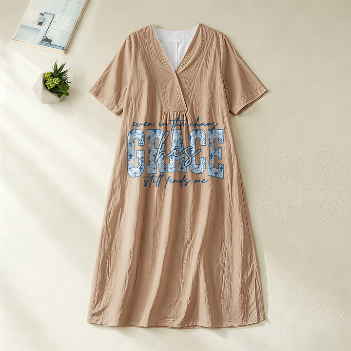 Christianartworkshop Classic "His Grace Still Finds Me" Plaid Print V-Neck Loose Midi Dress - Khaki - 4XL - image 20
