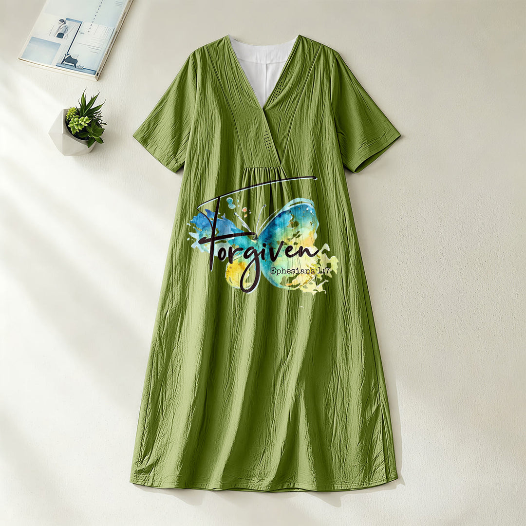 Christianartworkshop Church Gathering Outfit Bible Verse Watercolor Butterfly V-Neck Midi Dress - Olive Green - 4XL - image 0