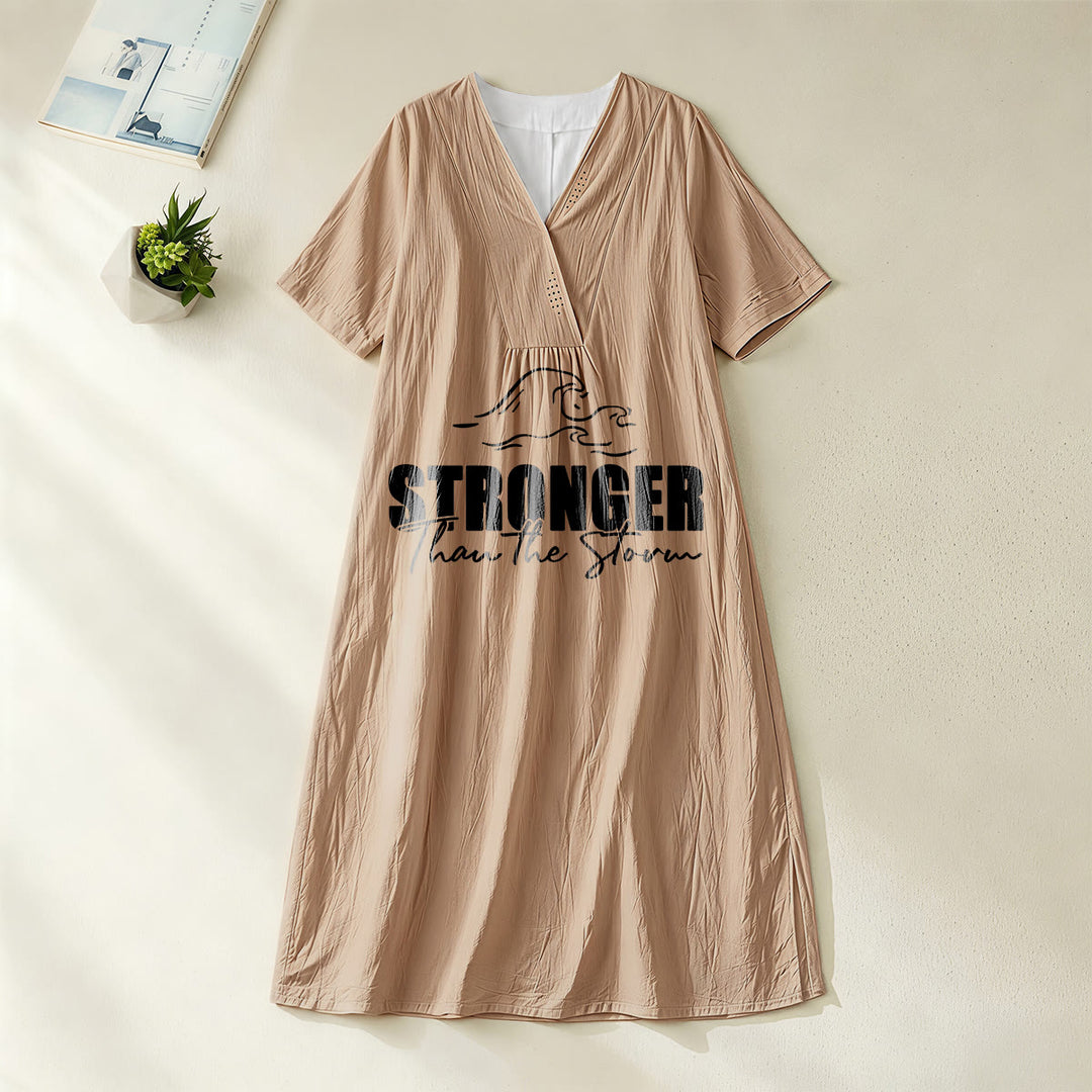 Christianartworkshop "Stronger Than The Storm" Wave Graphic V-Neck Short Sleeve Midi Dress - Khaki - 4XL - image 8