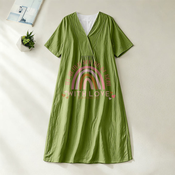 Christianartworkshop Plain Tone Love Scripture Rainbow Heart Slogan V-Neck Casual Midi Dress - Olive Green - 4XL - image 8