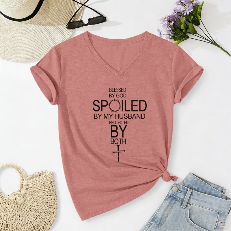 Christianartworkshop "Blessed by God Spoiled by My Husband" Cross Accent Casual V-neck T-shirt - Light Pink - 2XL - image 12