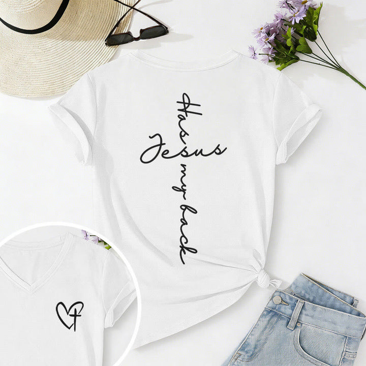 Christianartworkshop "Jesus Has My Back" Front & Back Print Casual V-neck T-shirt - White - 2XL - image 30