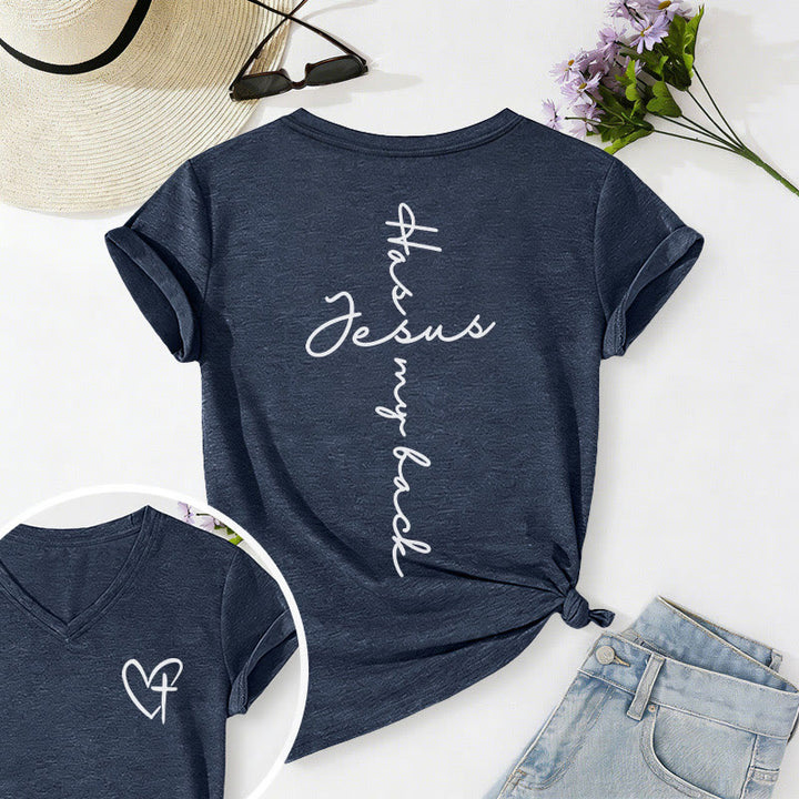 Christianartworkshop "Jesus Has My Back" Front & Back Print Casual V-neck T-shirt - Navy Blue - 2XL - image 60