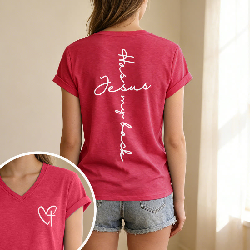 Christianartworkshop "Jesus Has My Back" Front & Back Print Casual V-neck T-shirt - image 67