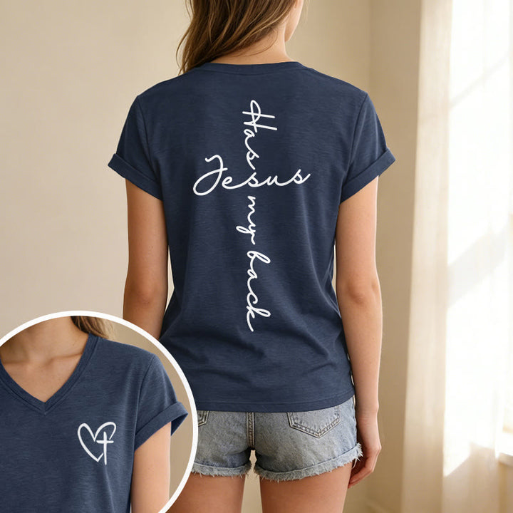 Christianartworkshop "Jesus Has My Back" Front & Back Print Casual V-neck T-shirt - image 61