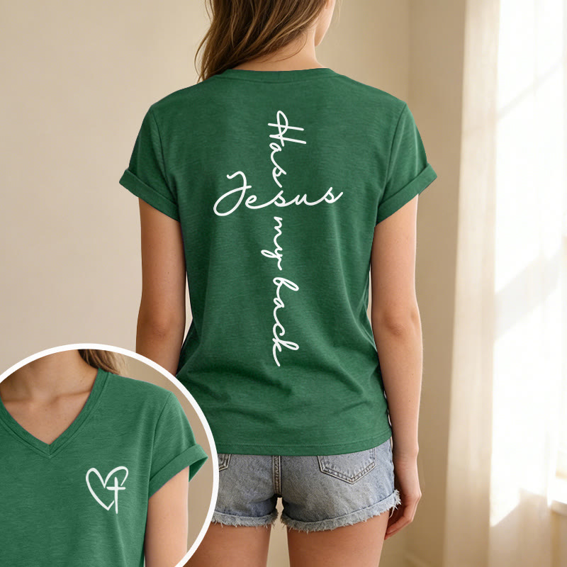 Christianartworkshop "Jesus Has My Back" Front & Back Print Casual V-neck T-shirt - image 49