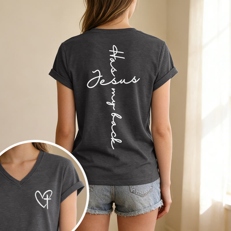 Christianartworkshop "Jesus Has My Back" Front & Back Print Casual V-neck T-shirt - image 1