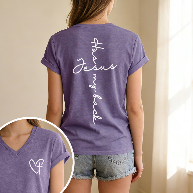 Christianartworkshop "Jesus Has My Back" Front & Back Print Casual V-neck T-shirt - image 55