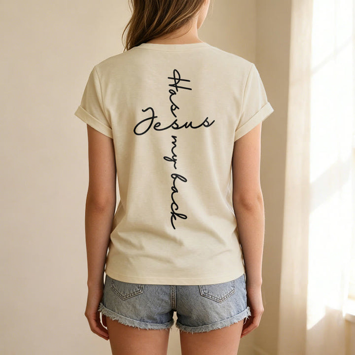 Christianartworkshop "Jesus Has My Back" Front & Back Print Casual V-neck T-shirt - image 17