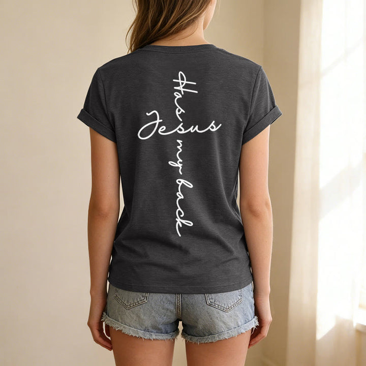 Christianartworkshop "Jesus Has My Back" Front & Back Print Casual V-neck T-shirt - image 5