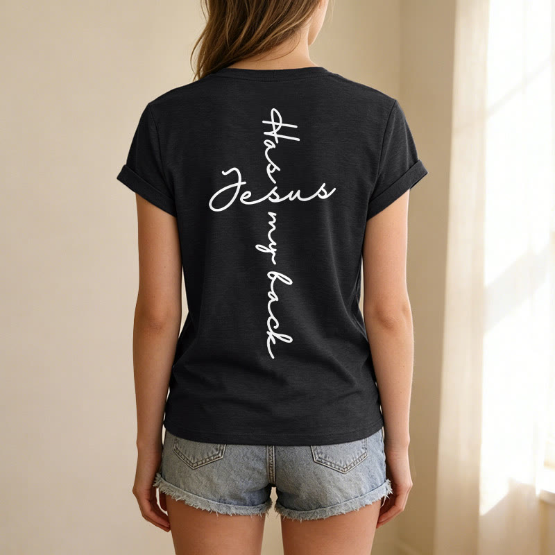 Christianartworkshop "Jesus Has My Back" Front & Back Print Casual V-neck T-shirt - image 11