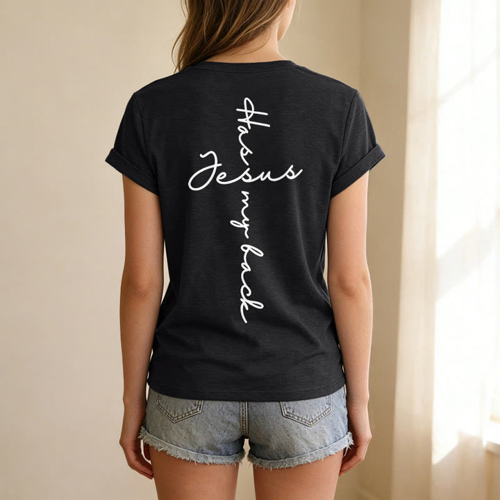 Christianartworkshop "Jesus Has My Back" Front & Back Print Casual V-neck T-shirt - image 11