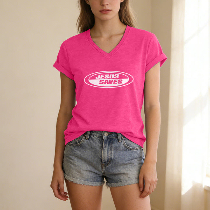 Christianartworkshop Retro Oval "Jesus Saves" Casual V-neck T-shirt - image 25