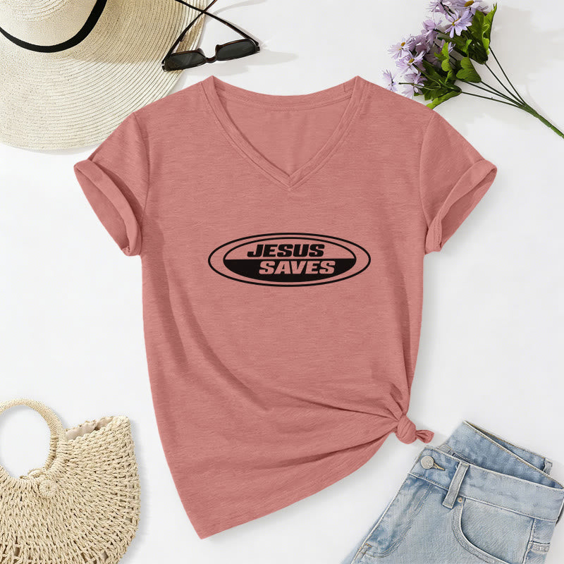 Christianartworkshop Retro Oval "Jesus Saves" Casual V-neck T-shirt - image 14
