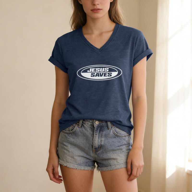 Christianartworkshop Retro Oval "Jesus Saves" Casual V-neck T-shirt - image 21