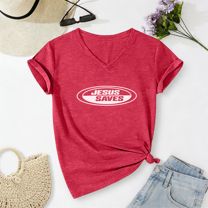 Christianartworkshop Retro Oval "Jesus Saves" Casual V-neck T-shirt - Red - 2XL - image 22