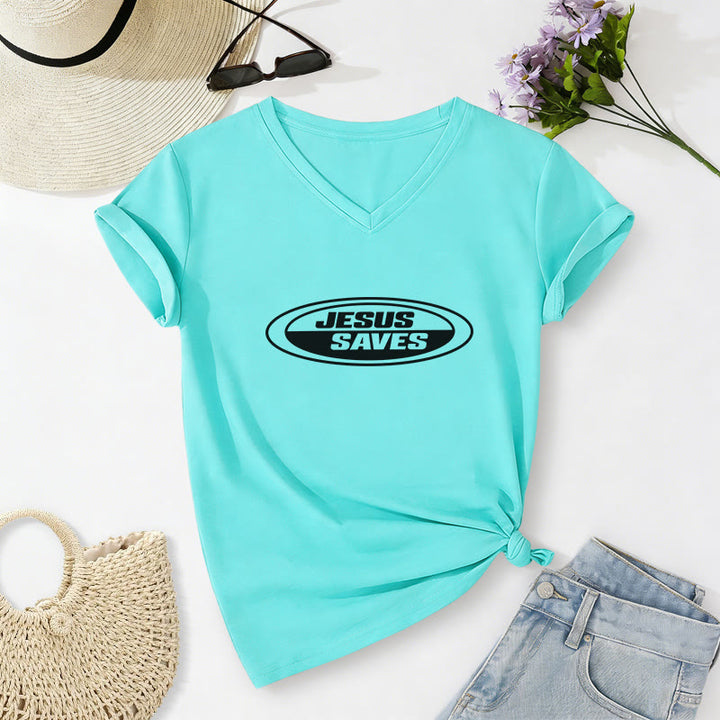 Christianartworkshop Retro Oval "Jesus Saves" Casual V-neck T-shirt - Sky Blue - 2XL - image 12