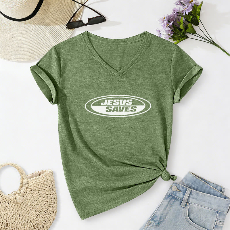 Christianartworkshop Retro Oval "Jesus Saves" Casual V-neck T-shirt - Olive Green - 2XL - image 8