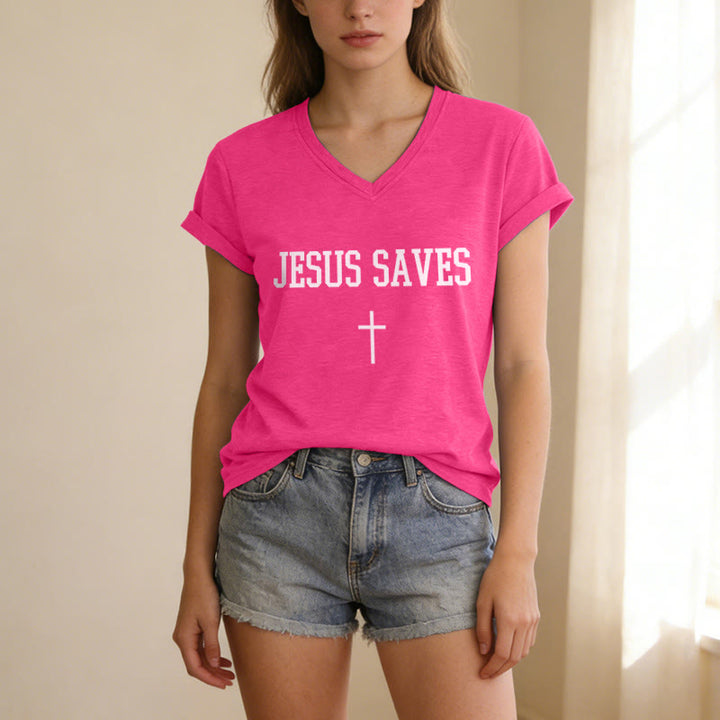 Christianartworkshop "Jesus Saves" Statement Cross Casual V-neck T-shirt - image 25