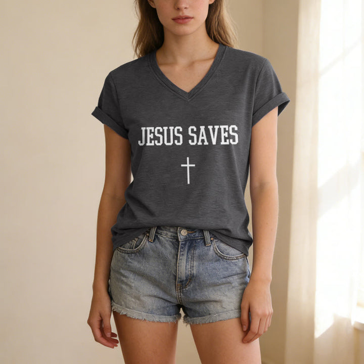 Christianartworkshop "Jesus Saves" Statement Cross Casual V-neck T-shirt - image 3