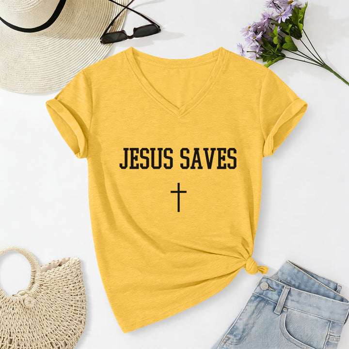Christianartworkshop "Jesus Saves" Statement Cross Casual V-neck T-shirt - Yellow - 2XL - image 8