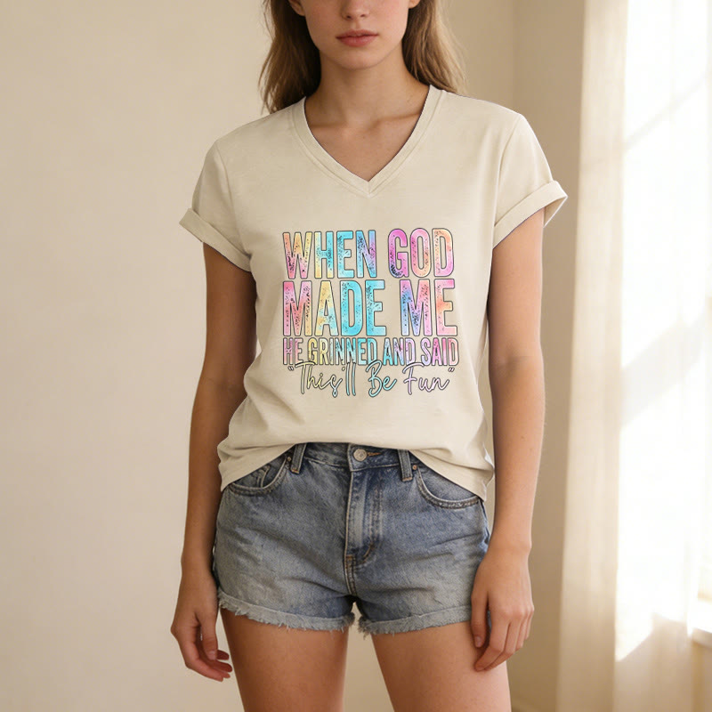 Christianartworkshop "When God Made Me" Colorful Gradient Casual V-neck T-shirt - image 7