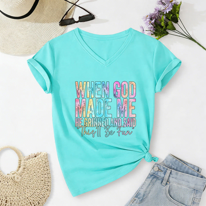 Christianartworkshop "When God Made Me" Colorful Gradient Casual V-neck T-shirt - Sky Blue - 2XL - image 14