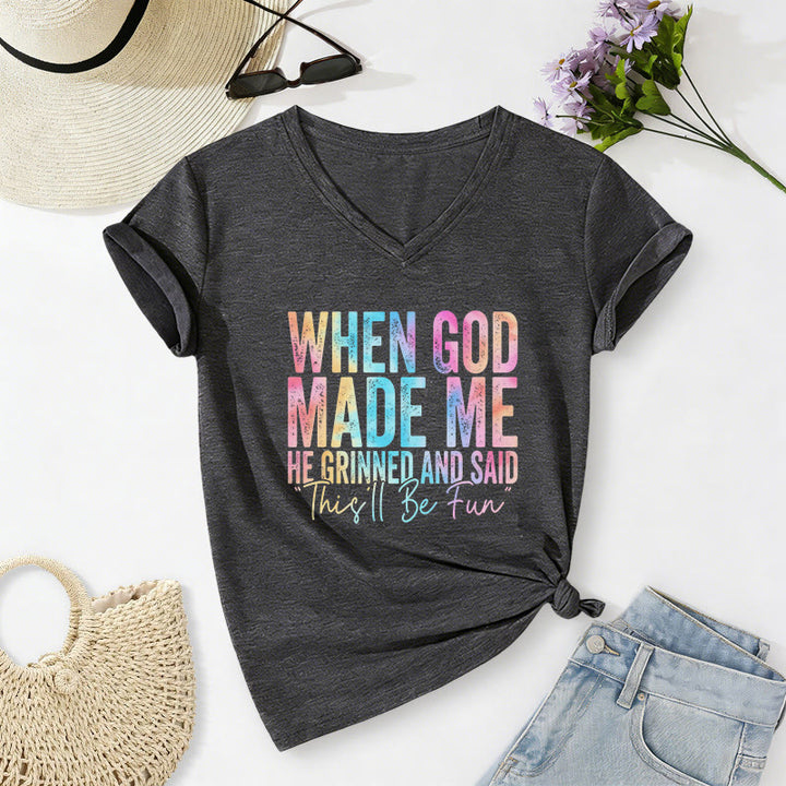 Christianartworkshop "When God Made Me" Colorful Gradient Casual V-neck T-shirt - Dark Grey - 2XL - image 2